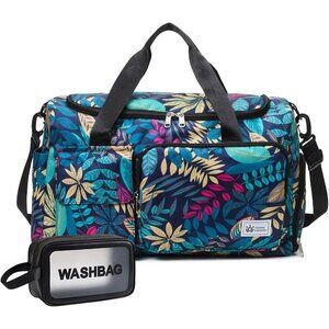 Women Green Leaves Small Gym Carry On Weekender Travel Shoe Compartment Bag